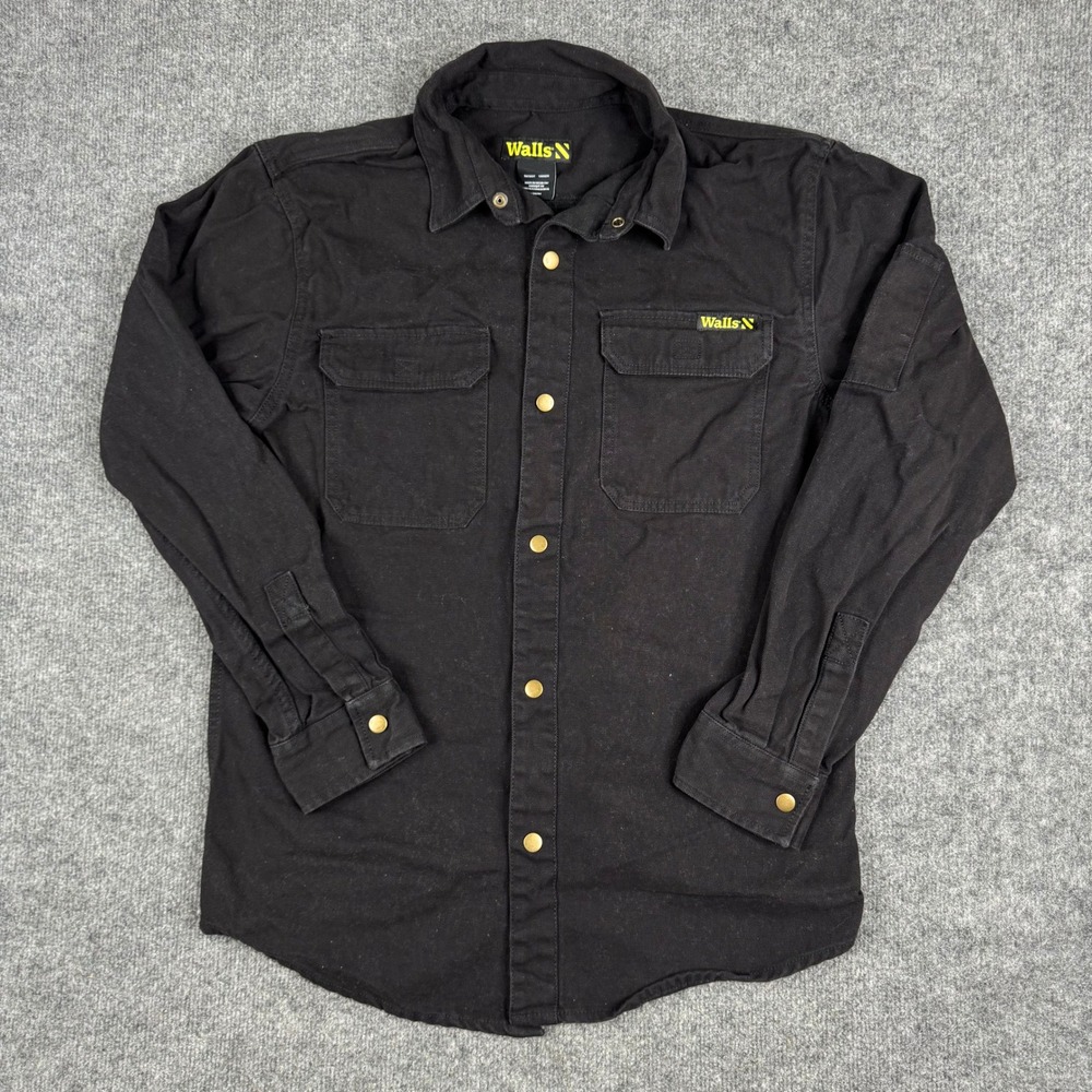 Walls Work Shirt Mens Size M Black Canvas Cotton Snap Button Utility Rugged Long